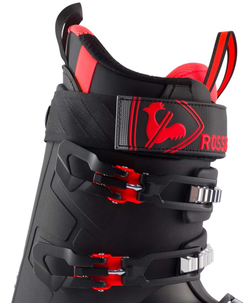 Rossignol Speed 120 HV Ski Boots 2024 - Black ski boots with red accents and a rooster logo on the strap.