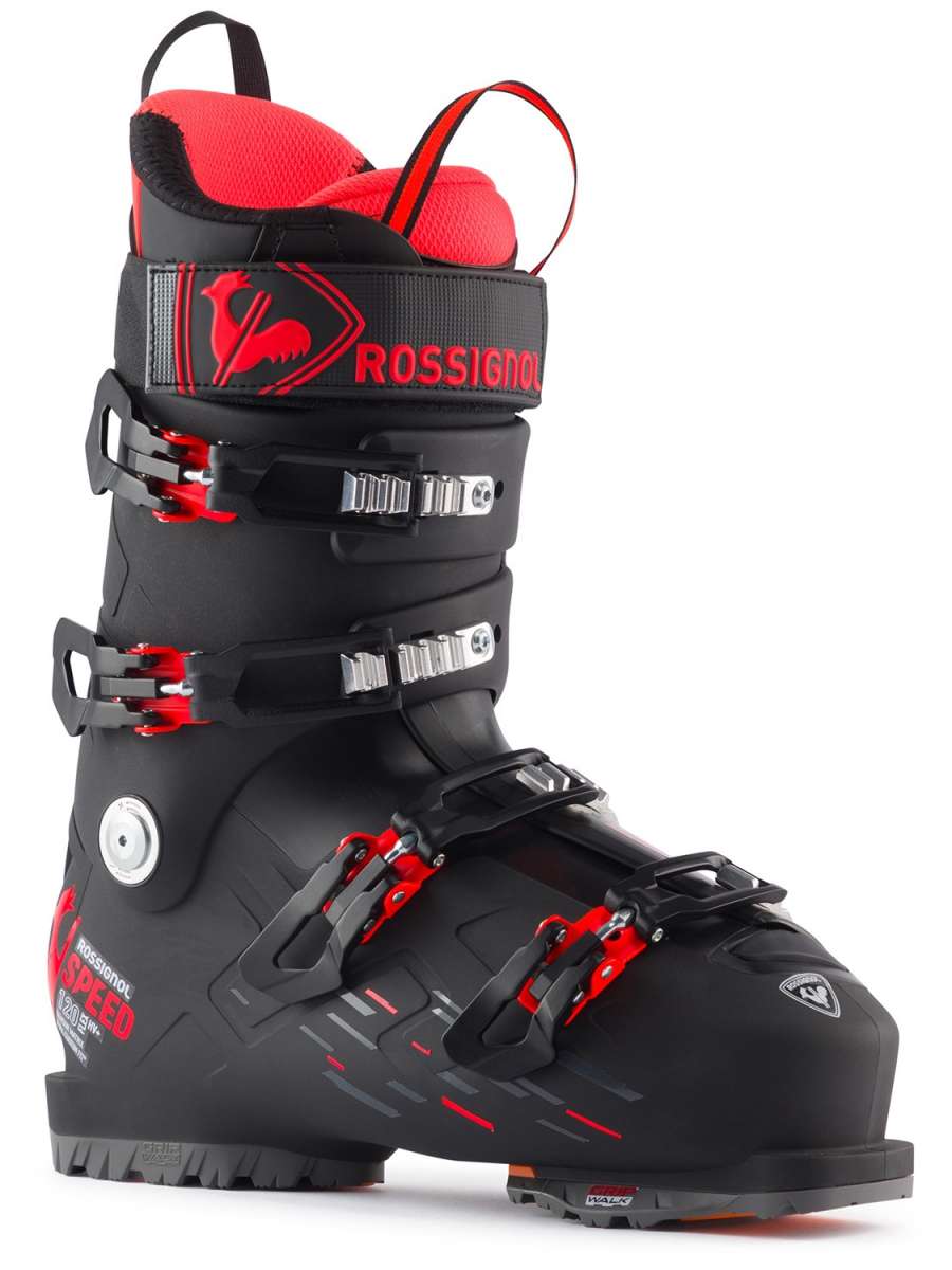 Rossignol Speed 120 HV Ski Boots 2024 - Black ski boots with red accents and a rooster logo on the strap.