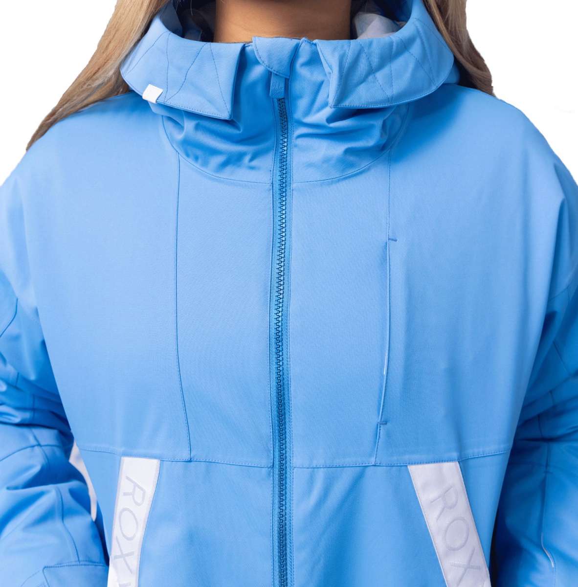 Roxy Women's Chloe Kim Insulated Jacket 2024 - A light blue jacket with a white logo on the left chest and a hood.