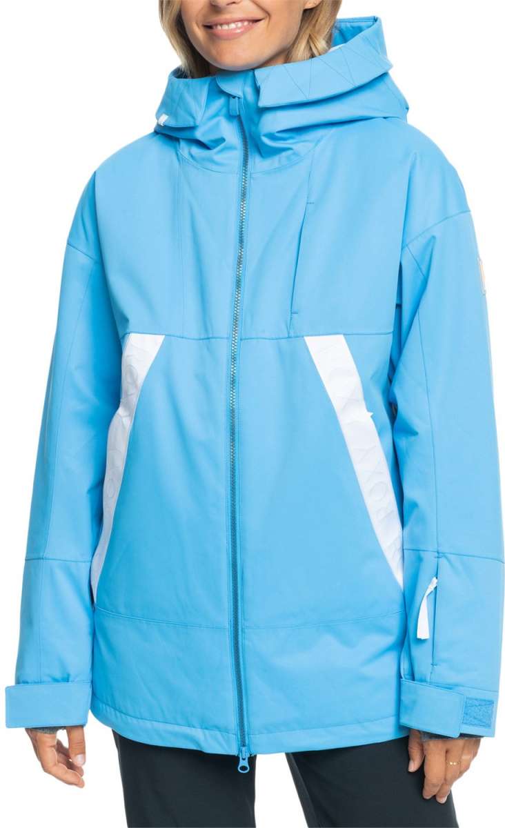 Roxy Women's Chloe Kim Insulated Jacket 2024 - A sky blue jacket with a white logo on the left chest and a hood.
