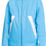 Roxy Women's Chloe Kim Insulated Jacket 2024 - A sky blue jacket with a white logo on the left chest and a hood.