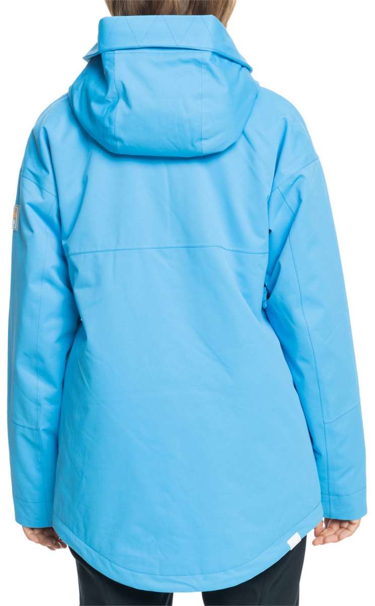 Roxy Women's Chloe Kim Insulated Jacket 2024 - A sky blue jacket with a hood, featuring a white logo on the left sleeve and a brown patch on the right shoulder.