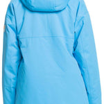 Roxy Women's Chloe Kim Insulated Jacket 2024 - A sky blue jacket with a hood, featuring a white logo on the left sleeve and a brown patch on the right shoulder.
