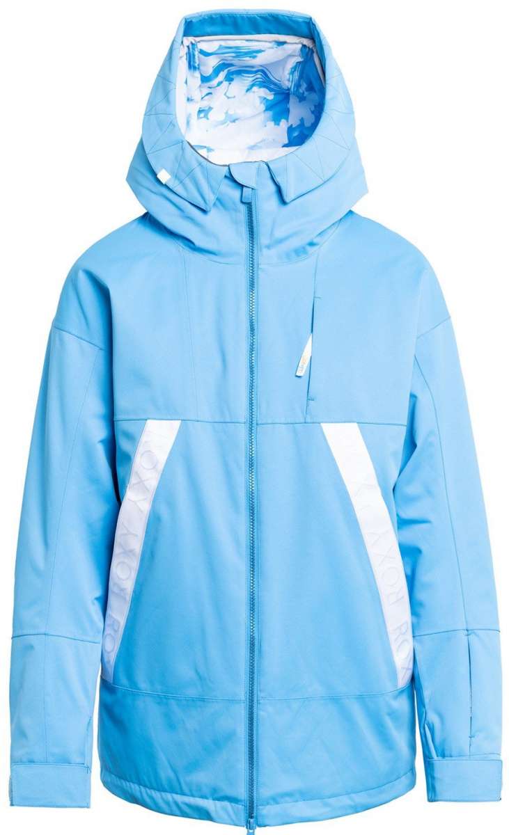Roxy Women's Chloe Kim Insulated Jacket 2024 - A light blue jacket with a white patterned lining and a hood, featuring a zipper down the front.