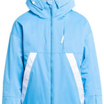 Roxy Women's Chloe Kim Insulated Jacket 2024 - A light blue jacket with a white patterned lining and a hood, featuring a zipper down the front.
