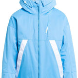 Roxy Women's Chloe Kim Insulated Jacket 2024 - A light blue jacket with a white patterned lining and a hood, featuring a zipper down the front.