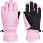 Roxy Junior's Freshfield Gloves 2024 - A pair of pink gloves with a white logo on the back of one glove and a black strap on the wrist of both gloves.