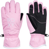 Roxy Junior's Freshfield Gloves 2024 - A pair of pink gloves with a white logo on the back of one glove and a black strap on the wrist of both gloves.