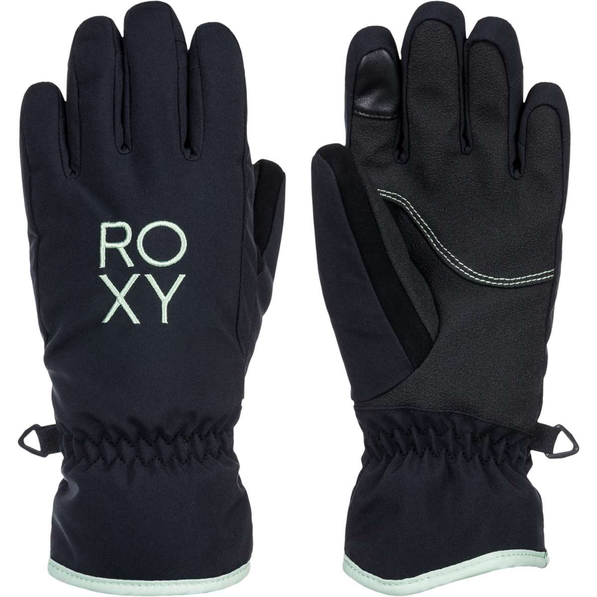 Roxy Junior's Freshfield Gloves 2024 - A pair of black gloves with a white logo on the back of one glove that says "Roxy" in cursive font.