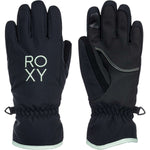 Roxy Junior's Freshfield Gloves 2024 - A pair of black gloves with a white logo on the back of one glove that says "Roxy" in cursive font.