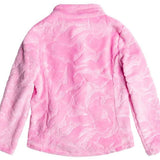 Roxy Junior's Mini Igloo Full Zip Fleece 2024 - A pink fleece jacket with a zippered front and white logo on the chest.