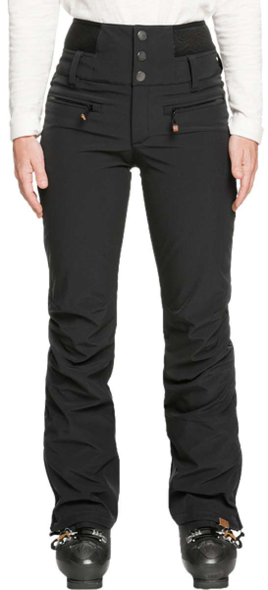 Roxy Women's Rising High Pant 2023 - Black snow pants with zippered pockets and adjustable waistband.