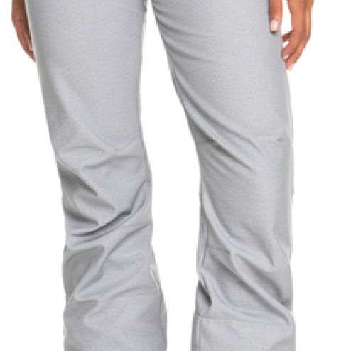 Roxy Women's Rising High Pant 2023 - Light gray snow pants with zippered pockets and silver buttons on the waistband.