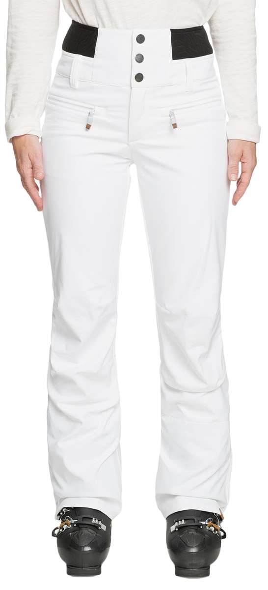 Roxy Women's Rising High Pant 2023 - White snow pants with black waistband and two zippered pockets on front.