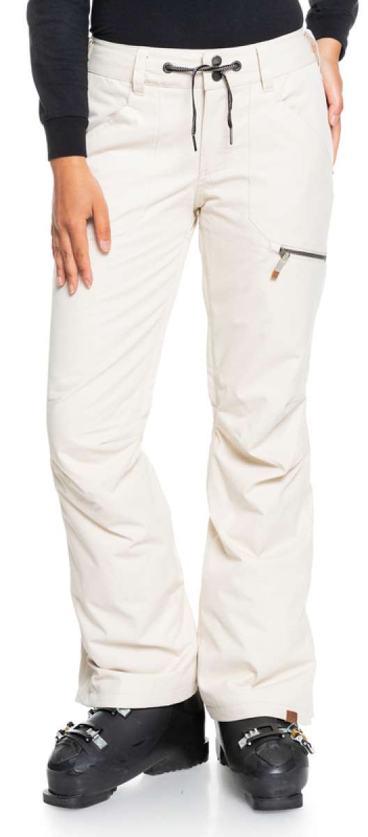 Roxy Women's Nadia Insulated Pants 2022 - Beige pants with a zippered pocket on the thigh and a drawstring waistband.