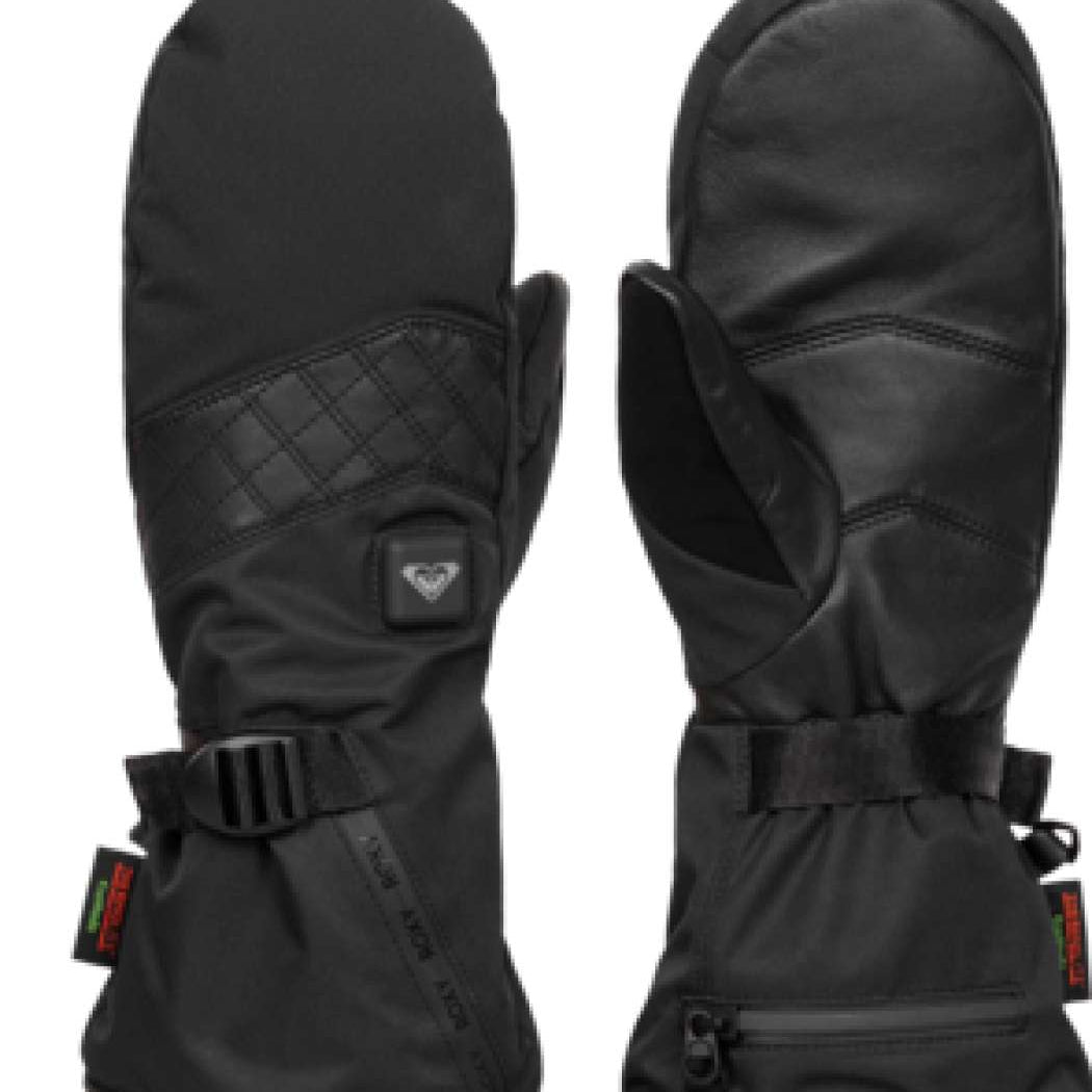Roxy Women's Sierra Warmlink Mitt - Mitts are black with a quilted pattern on the top portion of the wrist strap and a small, rectangular logo in white at the center of the wrist strap.
