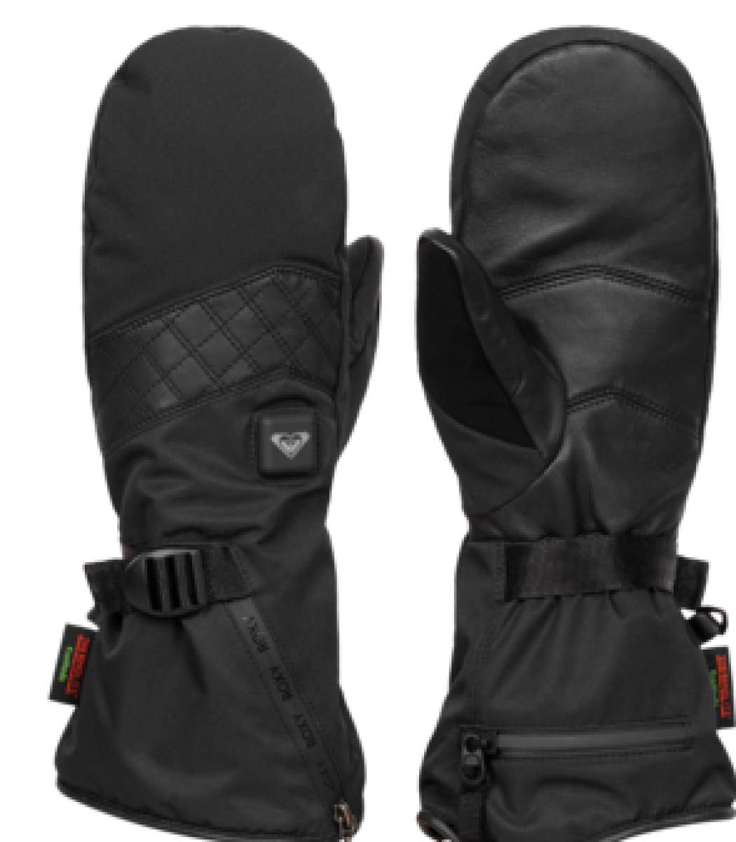 Roxy Women's Sierra Warmlink Mitt - Mitts are black with a quilted pattern on the top portion of the wrist strap and a small, rectangular logo in white at the center of the wrist strap.