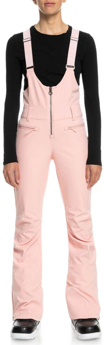 Roxy Women's Summit Bib Shell Pant 2023 - A pair of bib shell pants with a black and white patterned design on the front, featuring a zippered fly and adjustable straps.