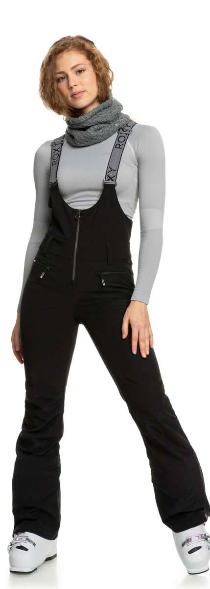 Roxy Women's Summit Bib Shell Pant 2023 - Black bib shell pant with zippered pockets and adjustable straps.