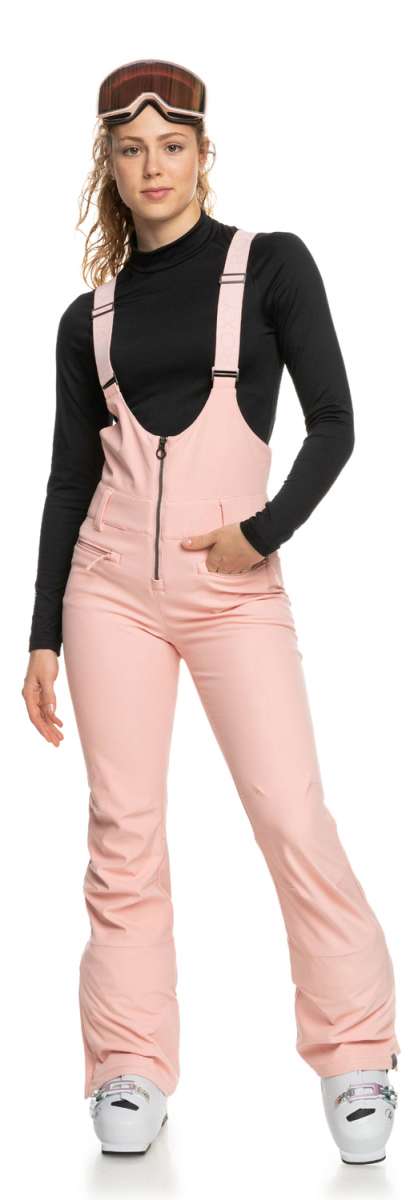 Roxy Women's Summit Bib Shell Pant 2023 - A pair of light pink snow pants with a black zipper and white trim on the side pockets.