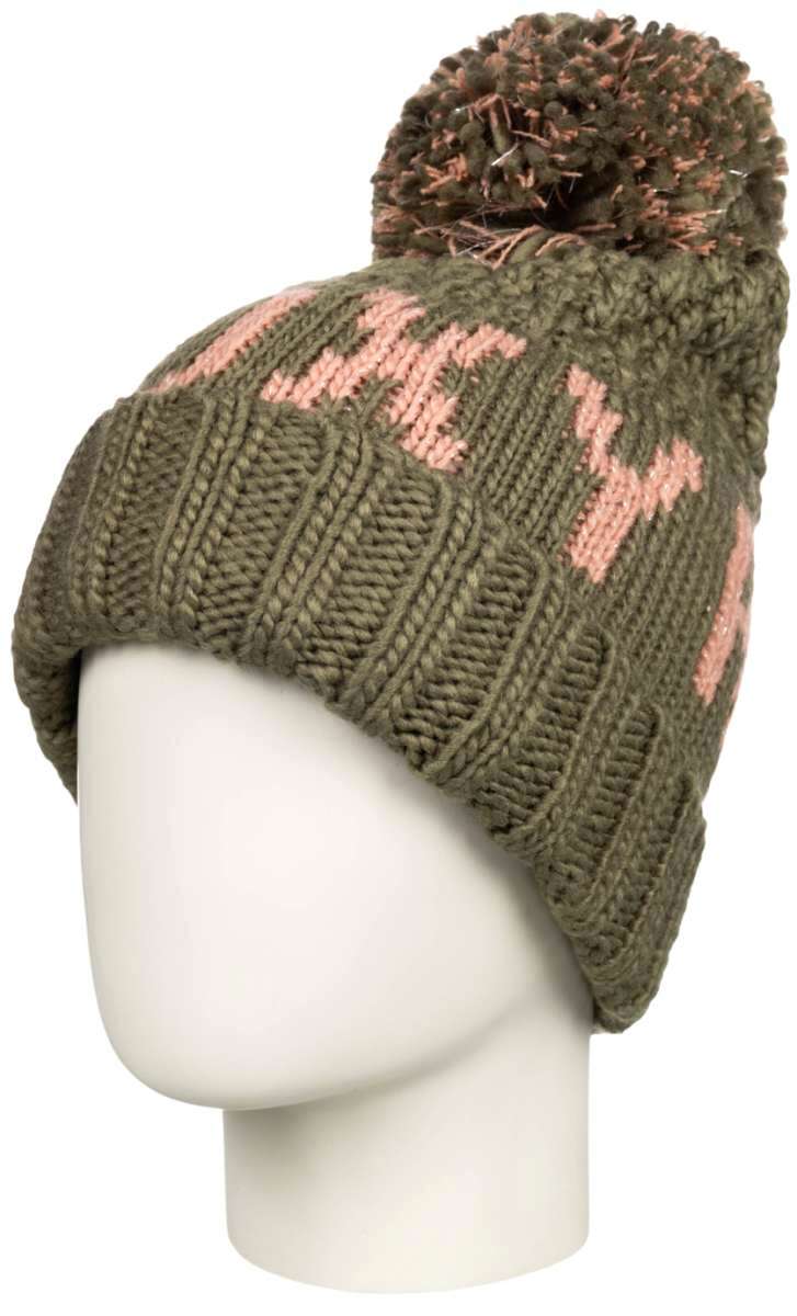 Roxy Junior's Tonic Beanie 2023 - A green beanie with a pink logo on the front.