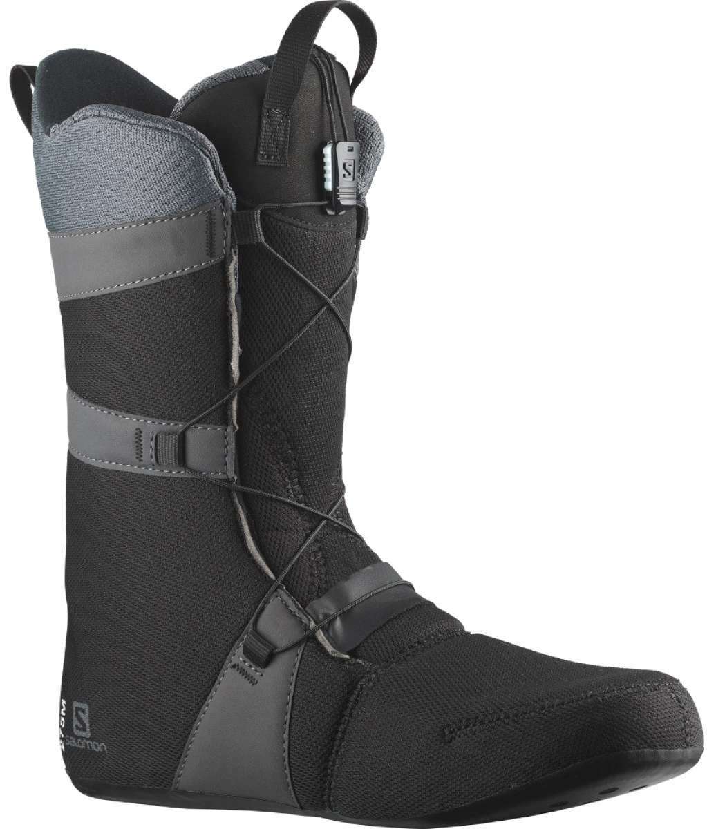 Salomon Dialogue Dual Boa Wide Snowboard Boot 2022 - A black snowboard boot with a gray strap and silver buckles.
