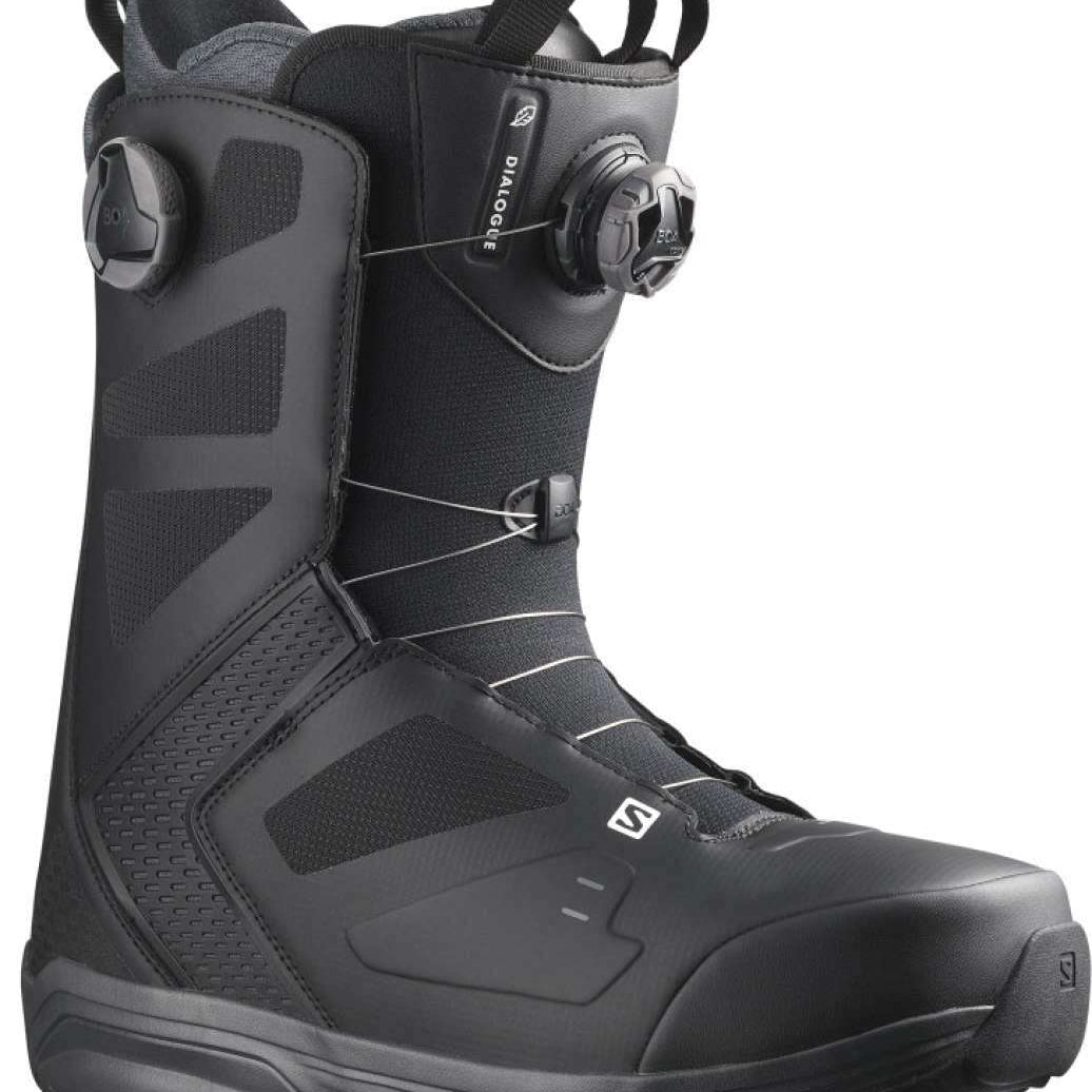 Salomon Dialogue Dual Boa Wide Snowboard Boot 2022 - A black snowboard boot with a textured pattern on the side and white lettering that reads "Dialogue" near the top.