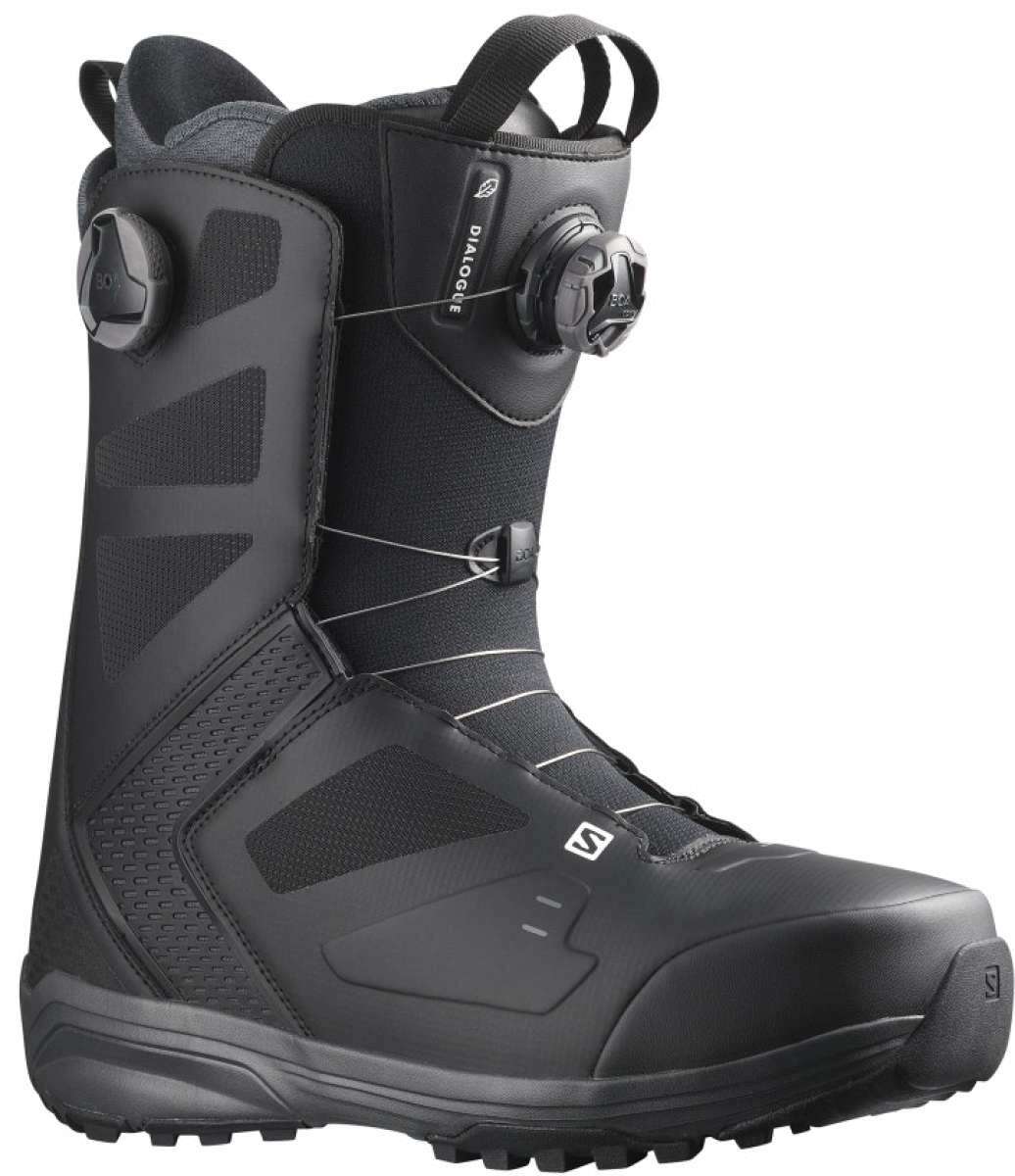 Salomon Dialogue Dual Boa Wide Snowboard Boot 2022 - A black snowboard boot with a textured pattern on the side and white lettering that reads "Dialogue" near the top.