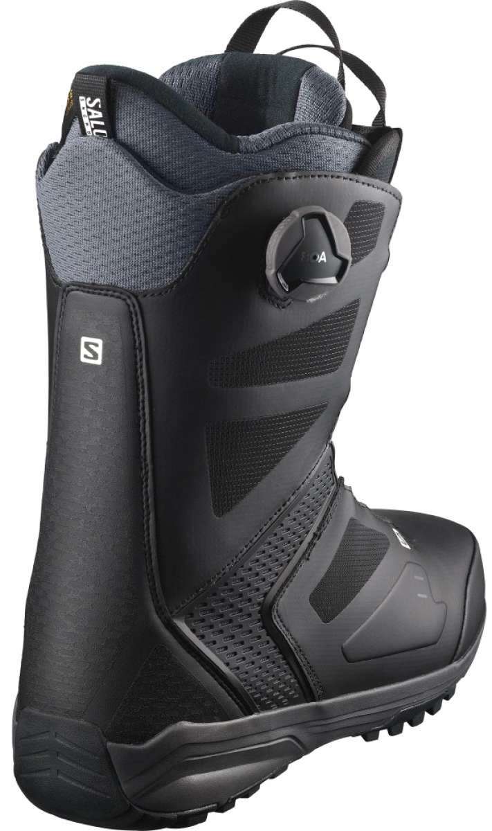 Salomon Dialogue Dual Boa Wide Snowboard Boot 2022 - A black snowboard boot with a textured pattern on the side and a white logo near the heel.