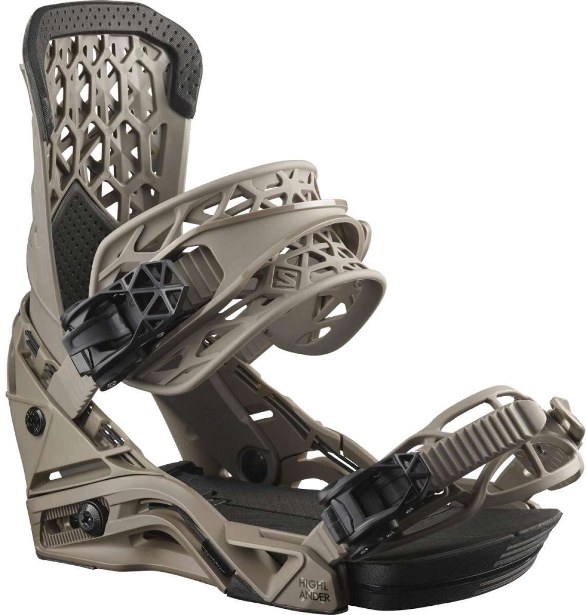 Salomon Highlander Snowboard Binding 2022 - A tan snowboard binding with a geometric pattern on the top strap and black buckles.