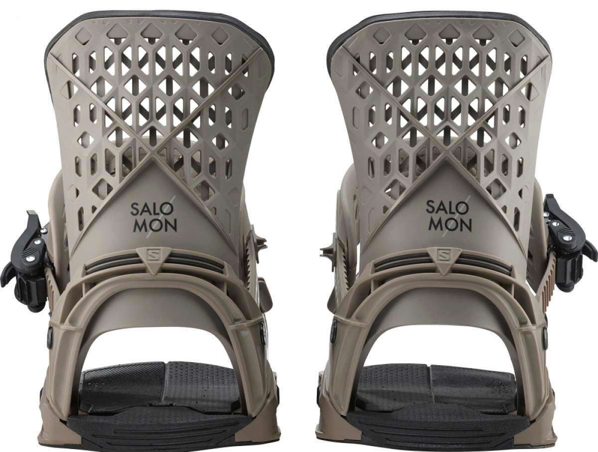 Salomon Highlander Snowboard Binding 2022 - A pair of tan snowboard bindings with a geometric pattern on top and black buckles.