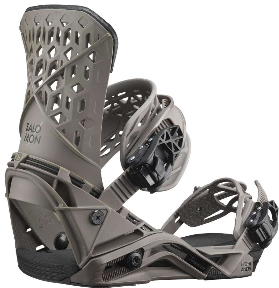Salomon Highlander Snowboard Binding 2022 - A pair of snowboard bindings with a sleek, modern design and a predominantly black color scheme.