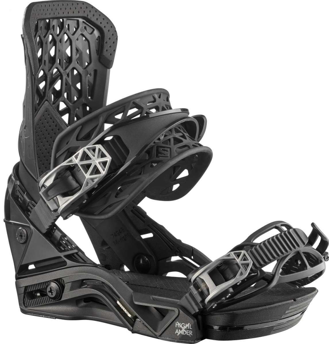 Salomon Highlander Snowboard Binding 2022 - Black snowboard bindings with silver buckles and straps.
