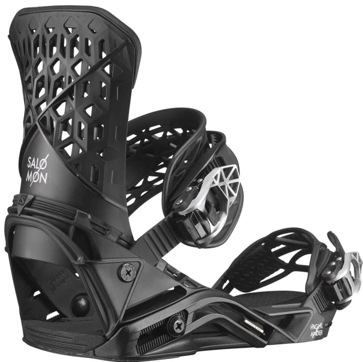 Salomon Highlander Snowboard Binding 2022 - Black snowboard bindings with silver buckles and straps.