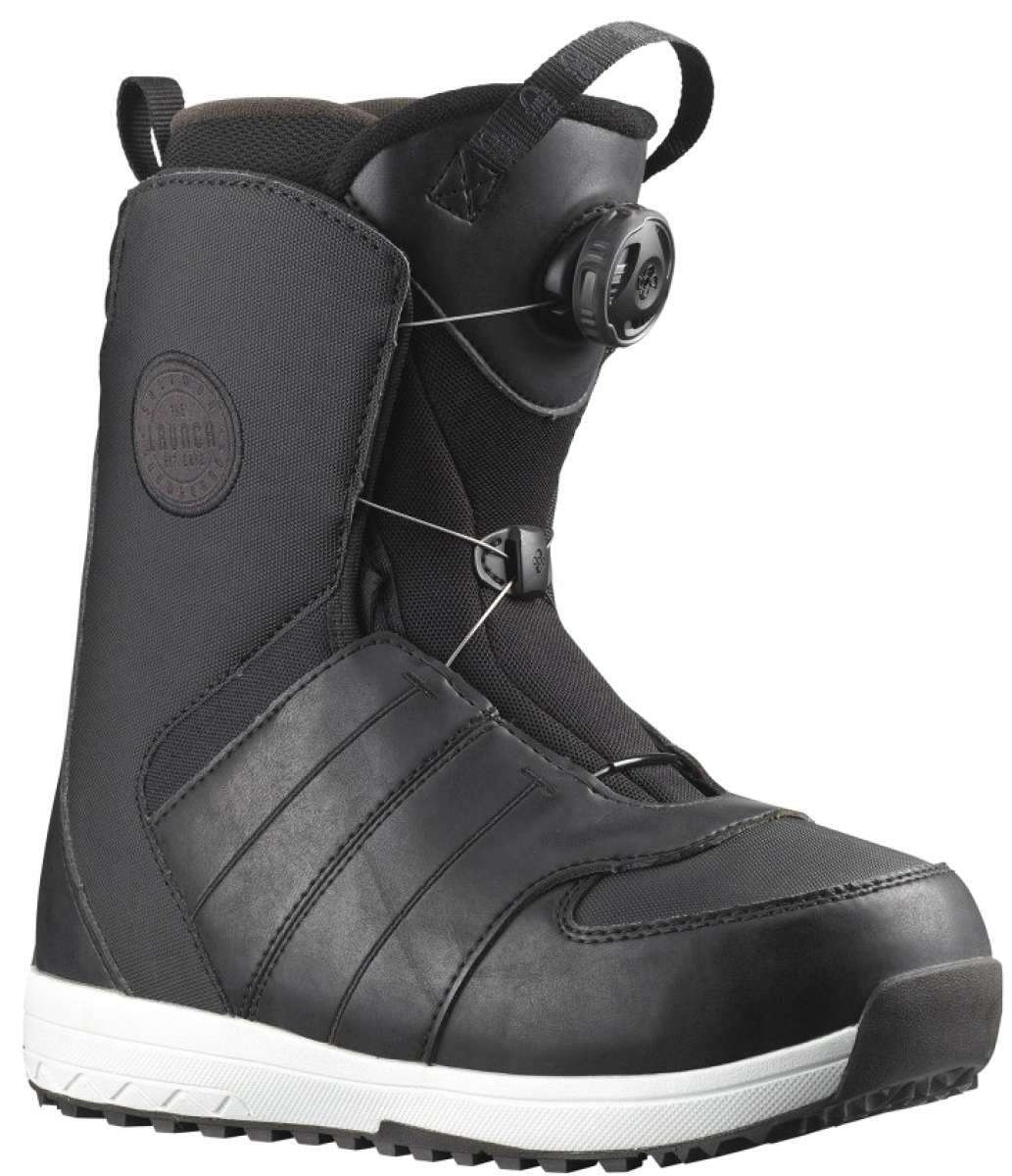 Salomon Junior's Launch Boa Snowboard Boot 2022 - Black snowboard boot with a round, black BOA dial on top and a white sole.