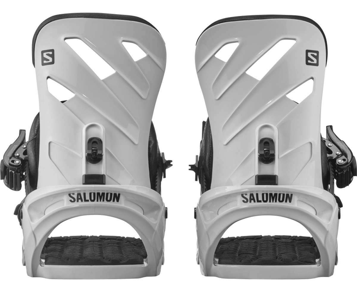 Salomon Rhythm Snowboard Bindings 2022 - A pair of white snowboard bindings with black buckles and straps.