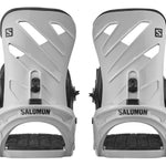 Salomon Rhythm Snowboard Bindings 2022 - A pair of white snowboard bindings with black buckles and straps.