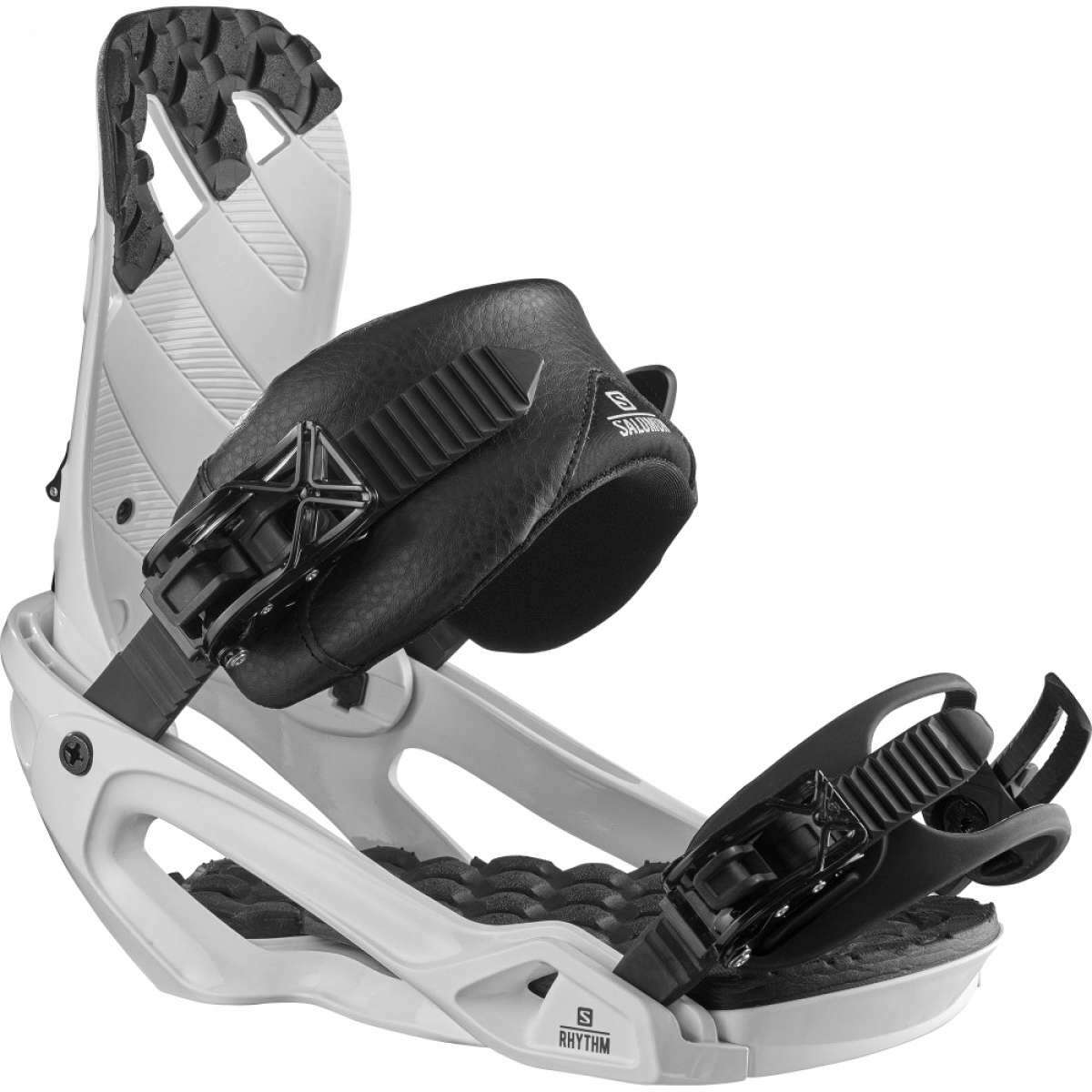 Salomon Rhythm Snowboard Bindings 2022 - A pair of black bindings with a textured strap and a white base plate.