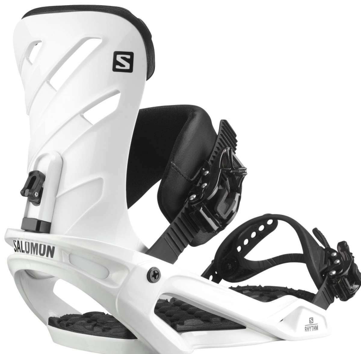 Salomon Rhythm Snowboard Bindings 2022 - White bindings with black buckles and straps.