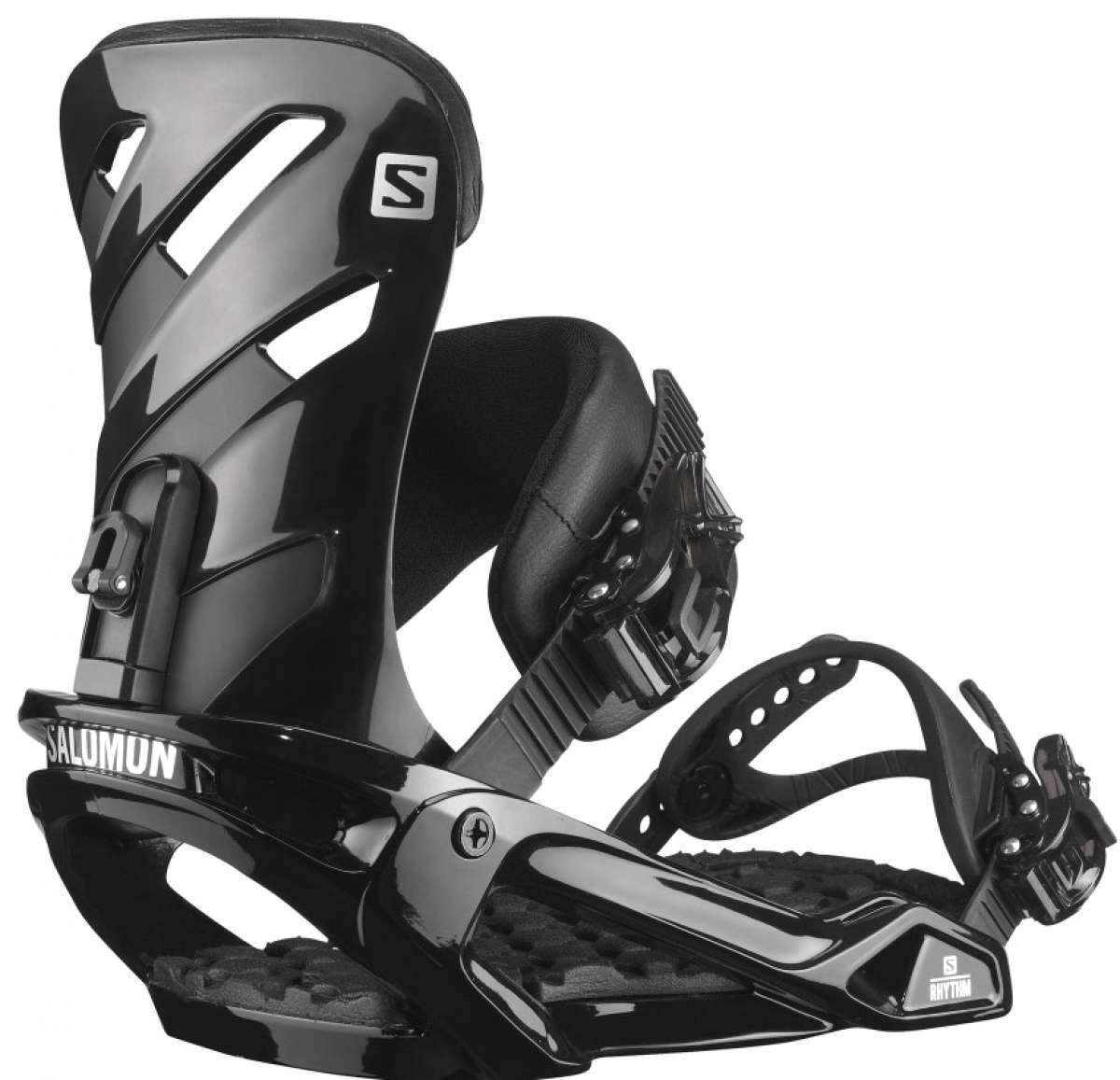 Salomon Rhythm Snowboard Bindings 2022 - Black bindings with white lettering on top strap and logo on ankle strap.