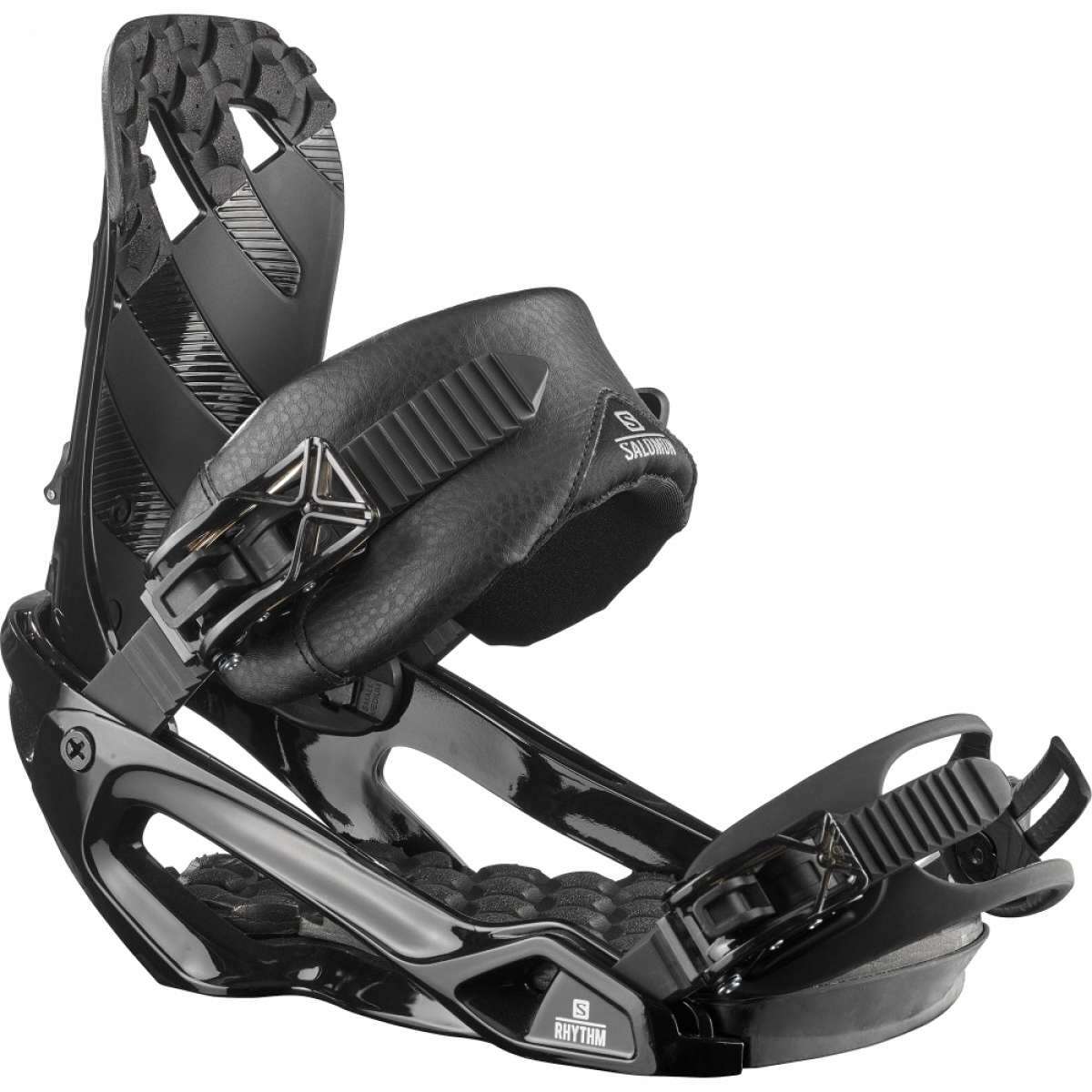 Salomon Rhythm Snowboard Bindings 2022 - Black bindings with silver buckles and straps.