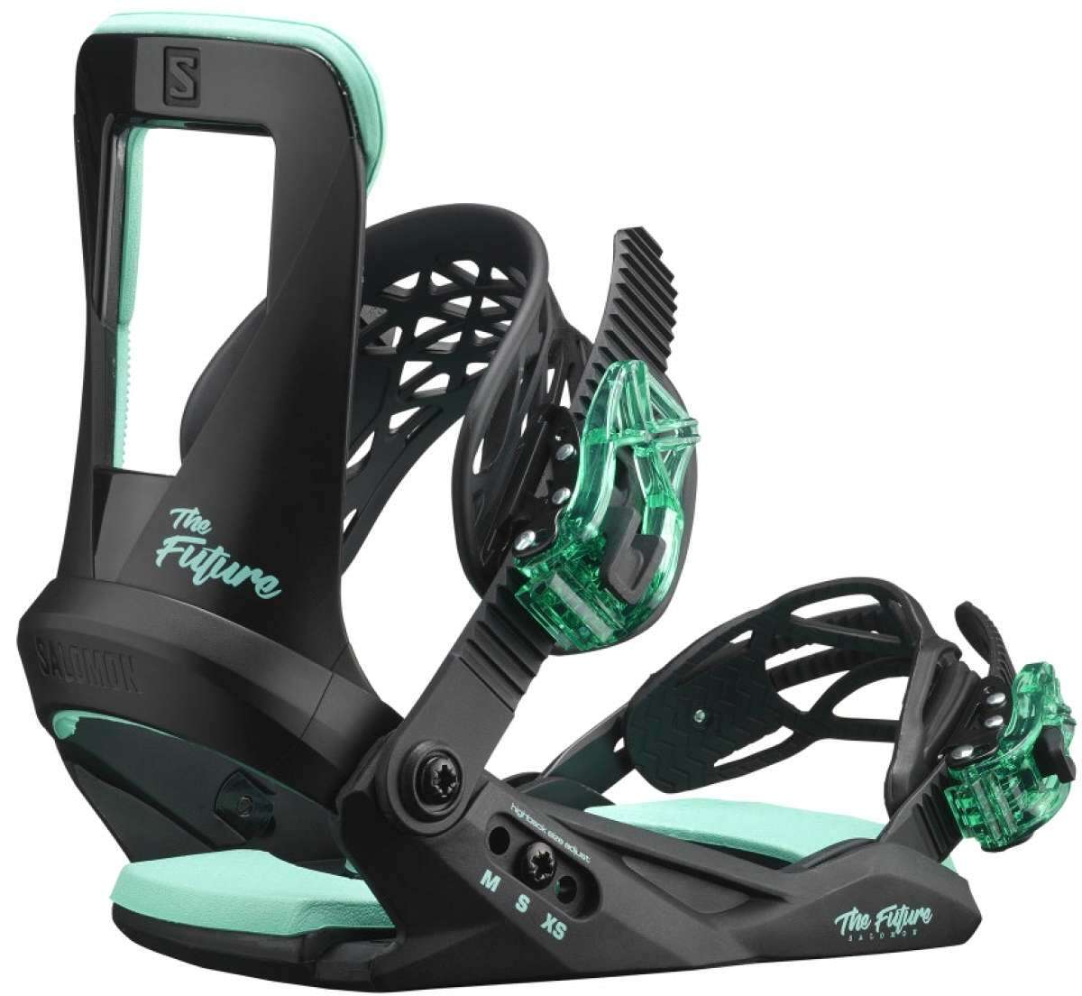Salomon Juniors The Future Bindings 2022 - Black bindings with mint green accents and a mint green strap on the right boot.