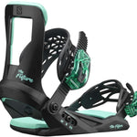 Salomon Juniors The Future Bindings 2022 - Black bindings with mint green accents and a mint green strap on the right boot.