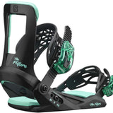Salomon Juniors The Future Bindings 2022 - Black bindings with mint green accents and a mint green strap on the right boot.