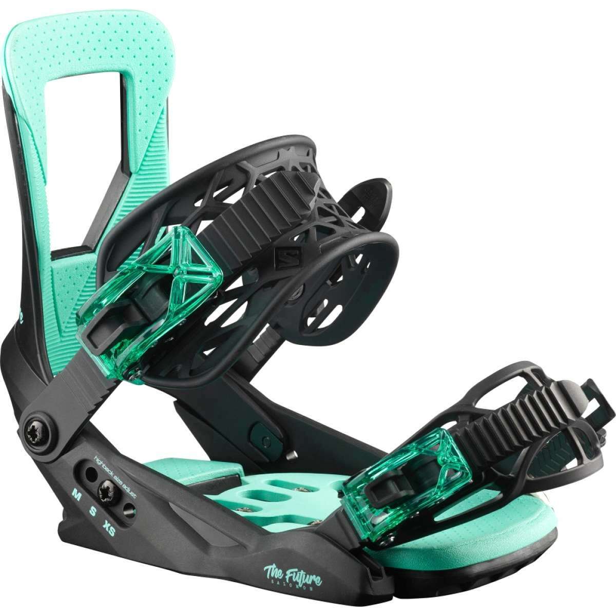Salomon Juniors The Future Bindings 2022 - Black bindings with teal accents and a geometric pattern on the straps.