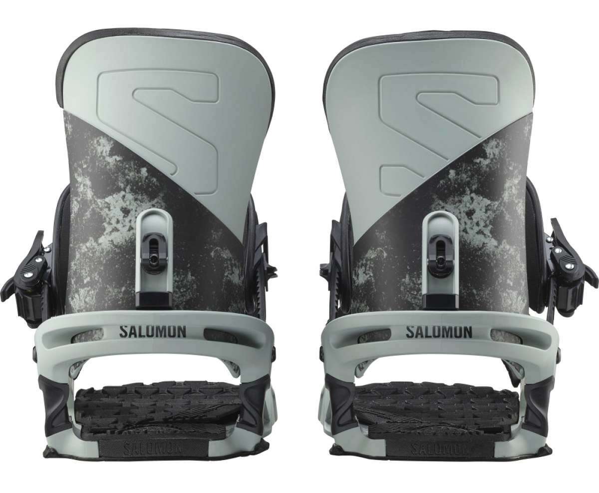 Salomon Trigger Snowboard Bindings 2022 - A pair of black and gray snowboard bindings with a textured pattern on the straps.