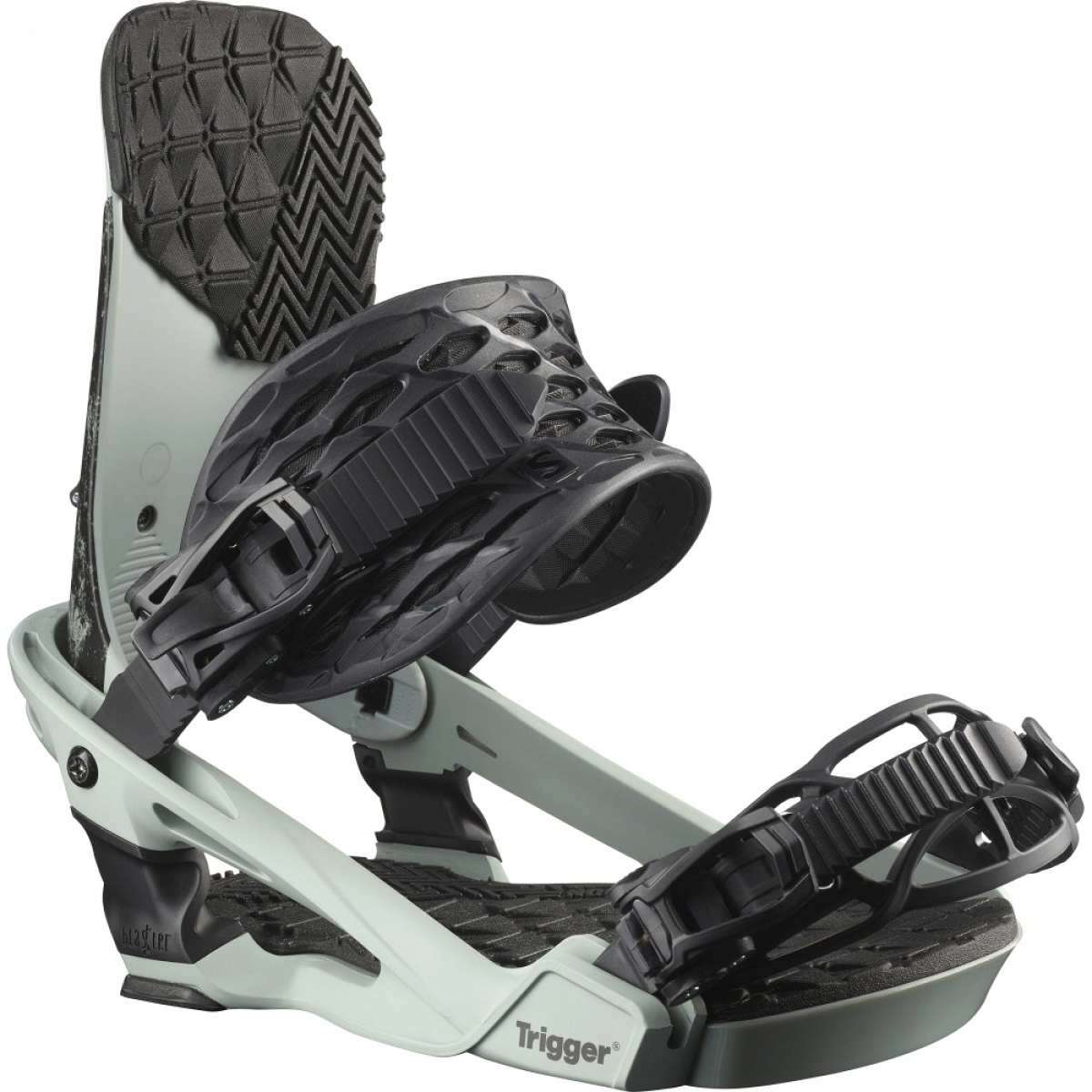 Salomon Trigger Snowboard Bindings 2022 - A pair of black snowboard bindings with a textured footbed and silver buckles.