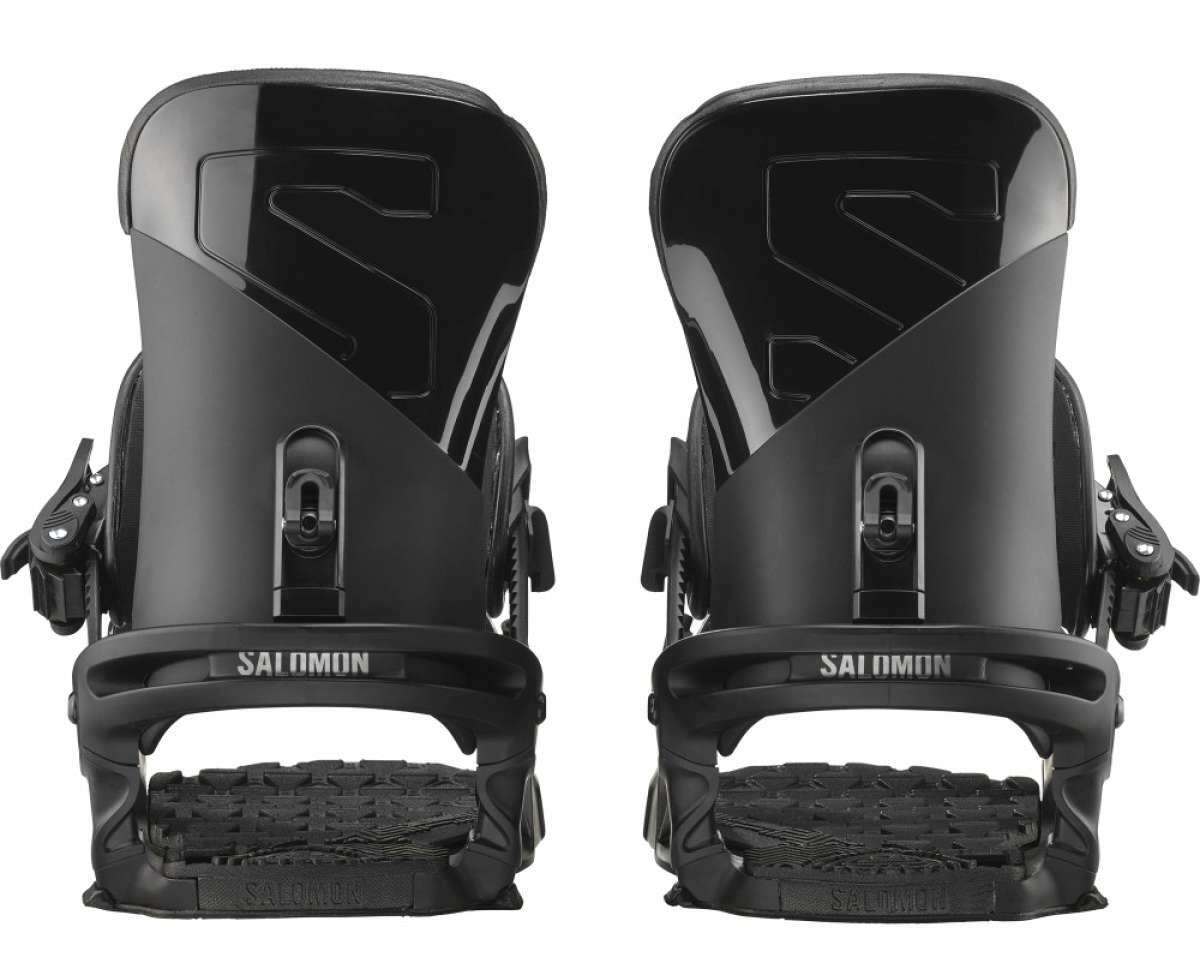 Salomon Trigger Snowboard Bindings 2022 - Black bindings with a glossy finish and silver Salomon logo on top of each binding.