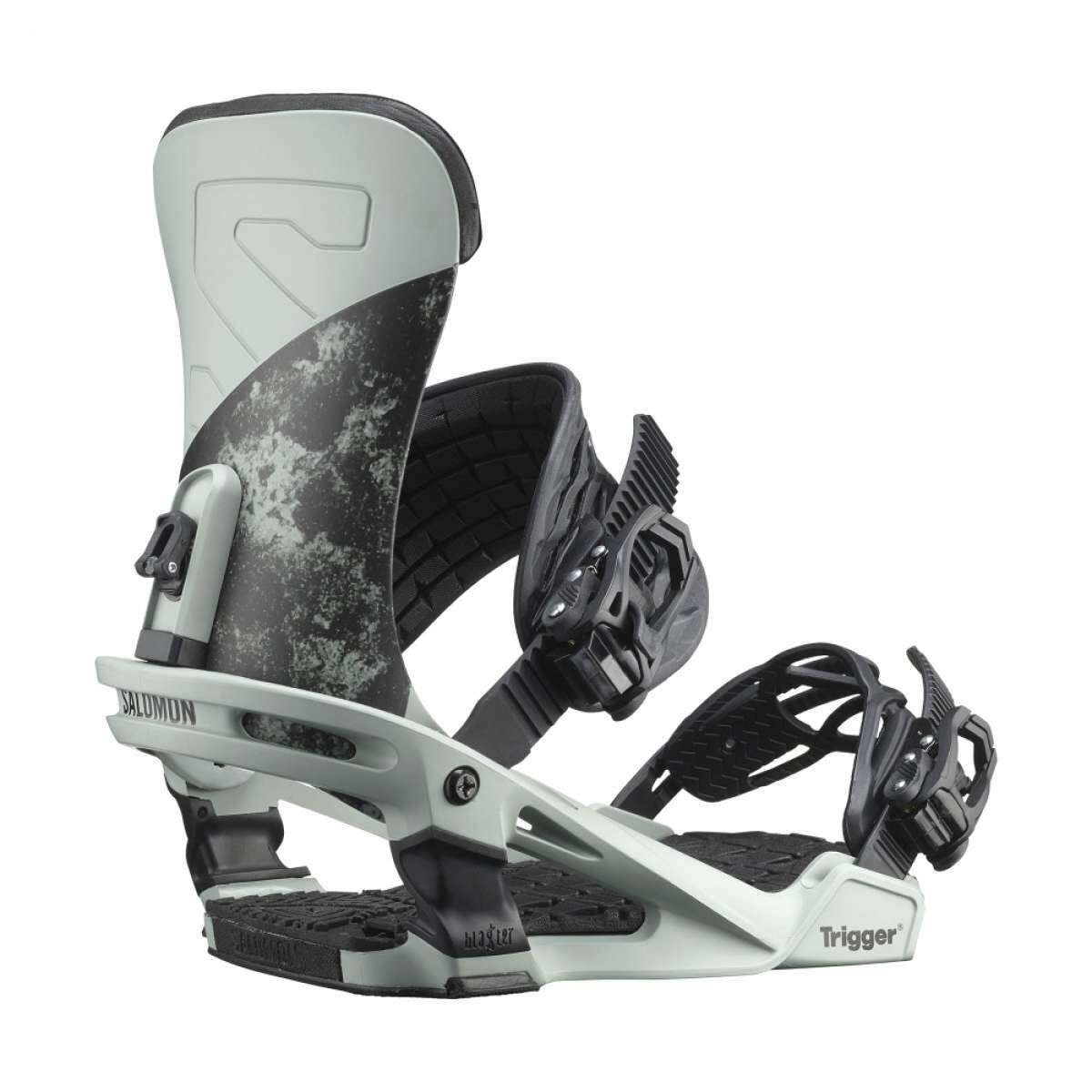 Salomon Trigger Snowboard Bindings 2022 - A pair of black and gray snowboard bindings with a textured pattern on the straps.