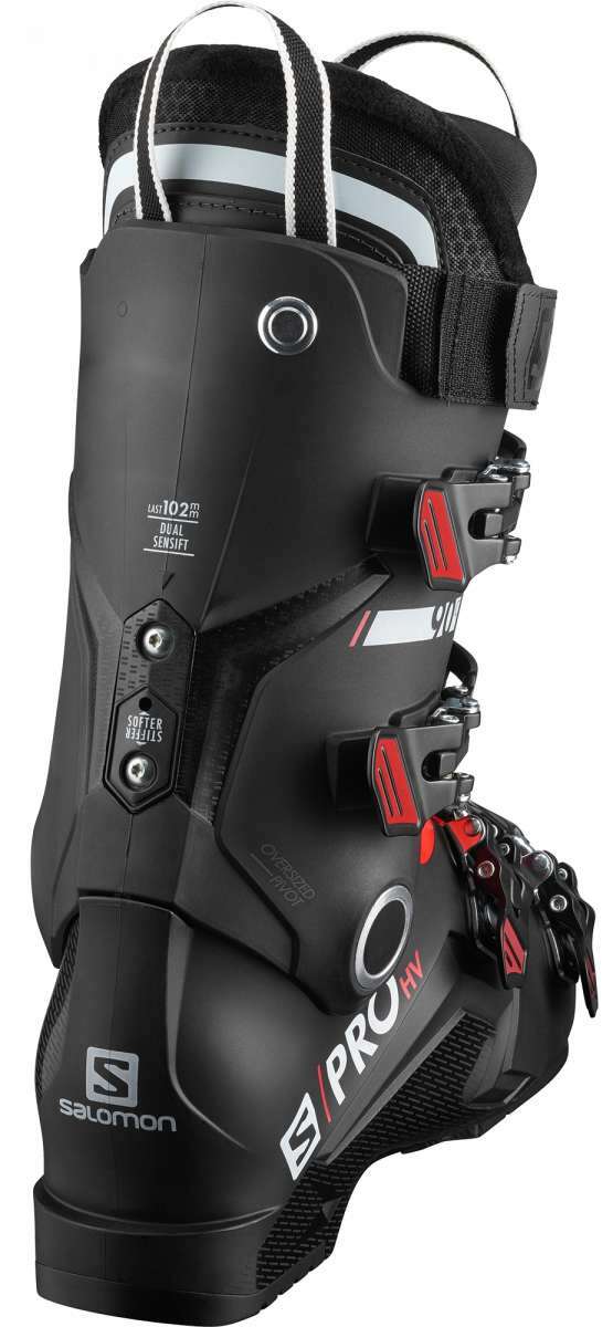 Salomon S-Pro HV 90 IC Ski Boots 2020-2021 - Black ski boots with silver buckles and white logo on side.